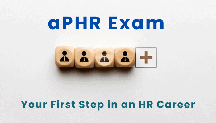 Image showing wooden blocks with people icons and a plus sign, labeled "aPHR Exam - Your First Step in an HR Career" against a plain white background.